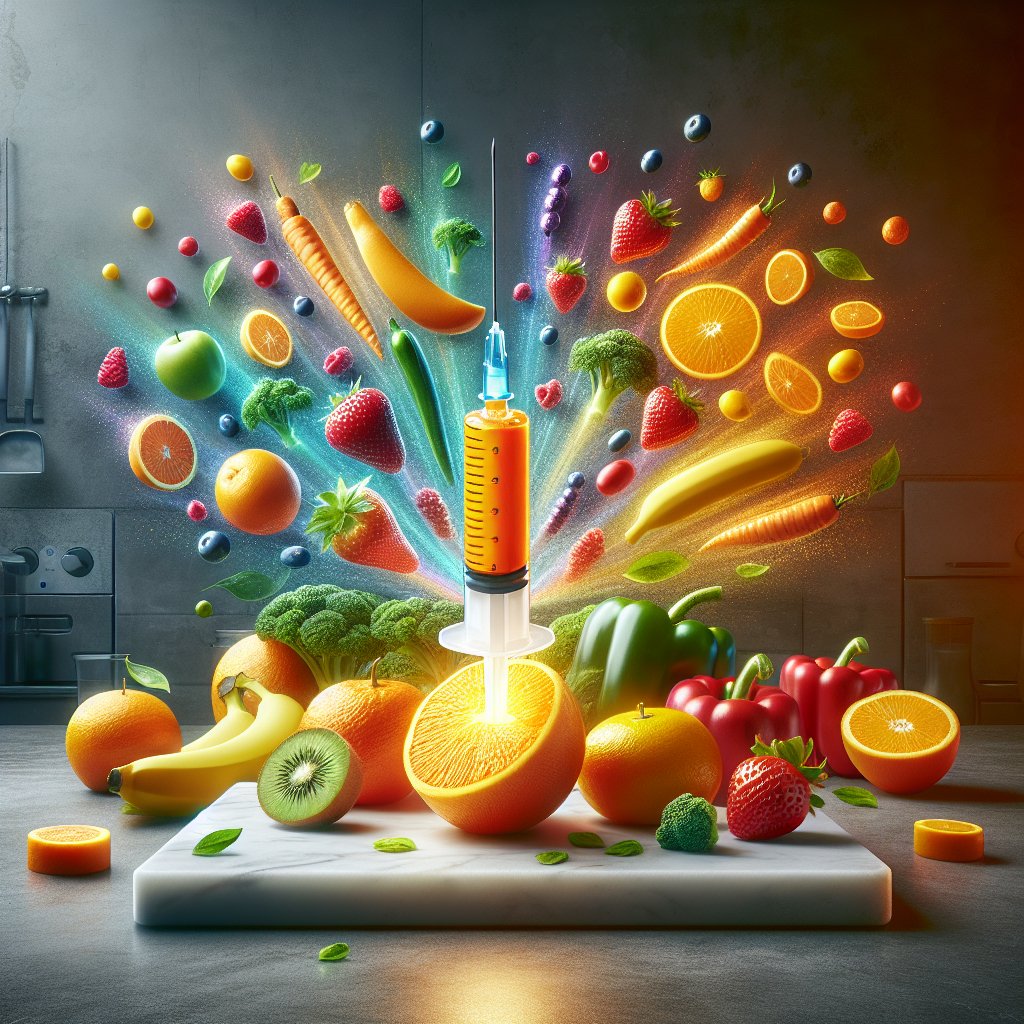 Colorful fruits and vegetables surrounding a glowing syringe filled with Vitamin C