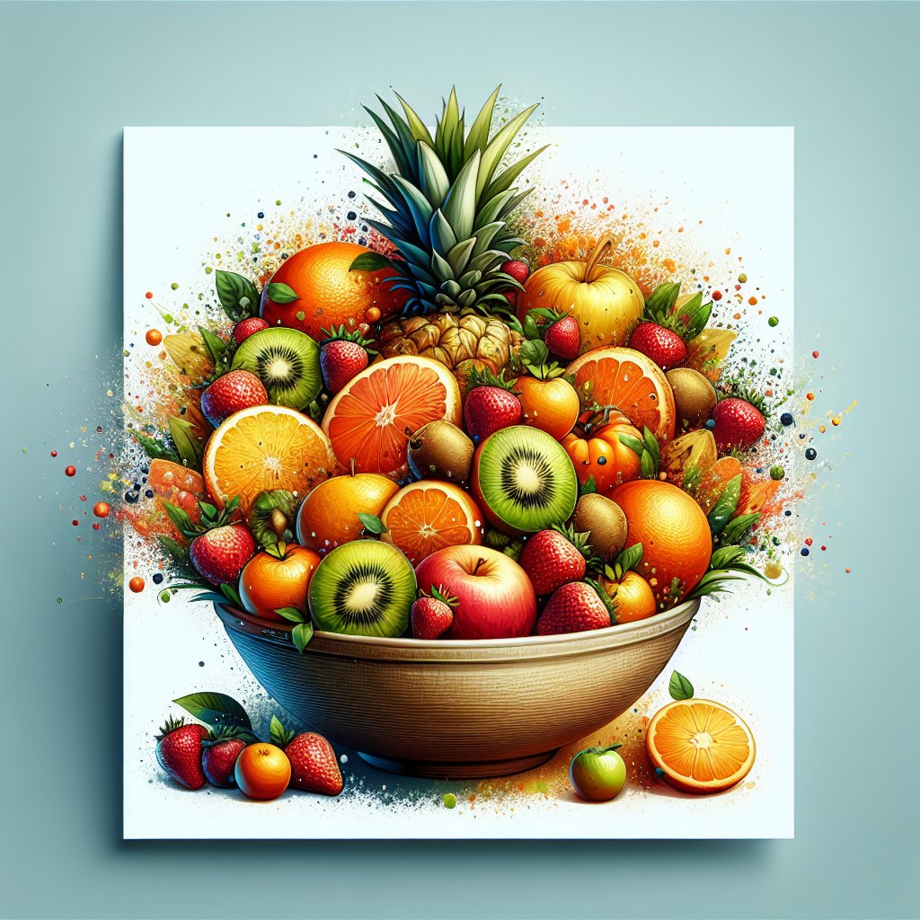 Colorful and artfully arranged fruit bowl overflowing with Vitamin C-rich fruits like oranges, kiwi, strawberries, and pineapple, symbolizing nourishment and wellness.