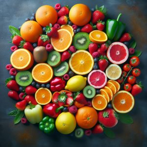 Assortment of oranges, strawberries, kiwi, and bell peppers arranged in an appealing display