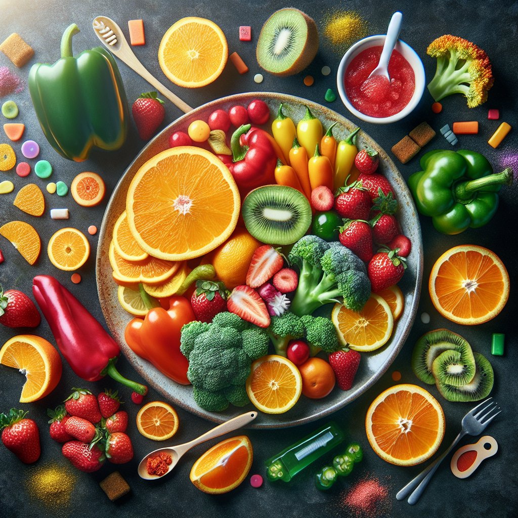 Colorful plate of oranges, strawberries, kiwi, bell peppers, and broccoli arranged artfully, promoting gum health and wellness.
