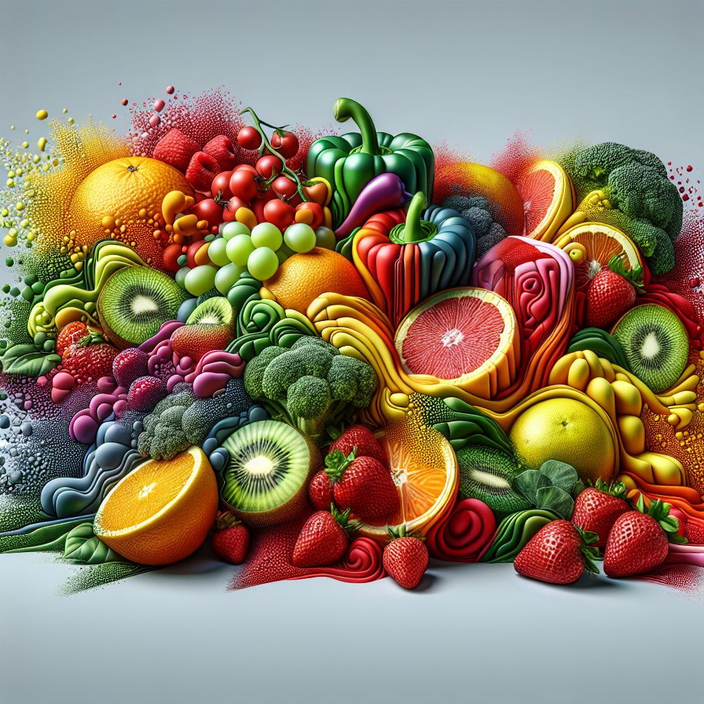 Assortment of vitamin C-rich fruits and veggies, showcasing the challenge of absorption through a creative representation
