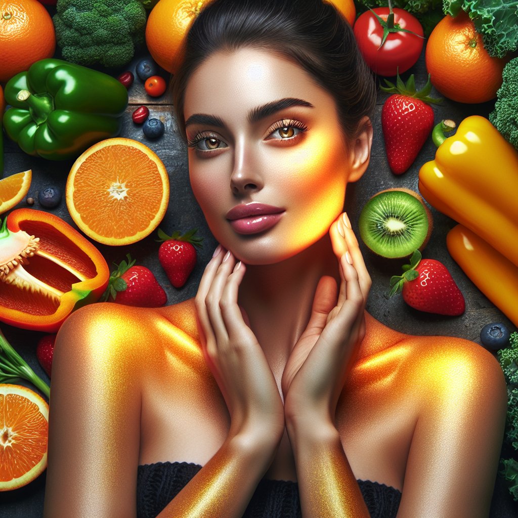 Colorful fruits and vegetables rich in Vitamin C, arranged artistically to symbolize vitality and well-being.