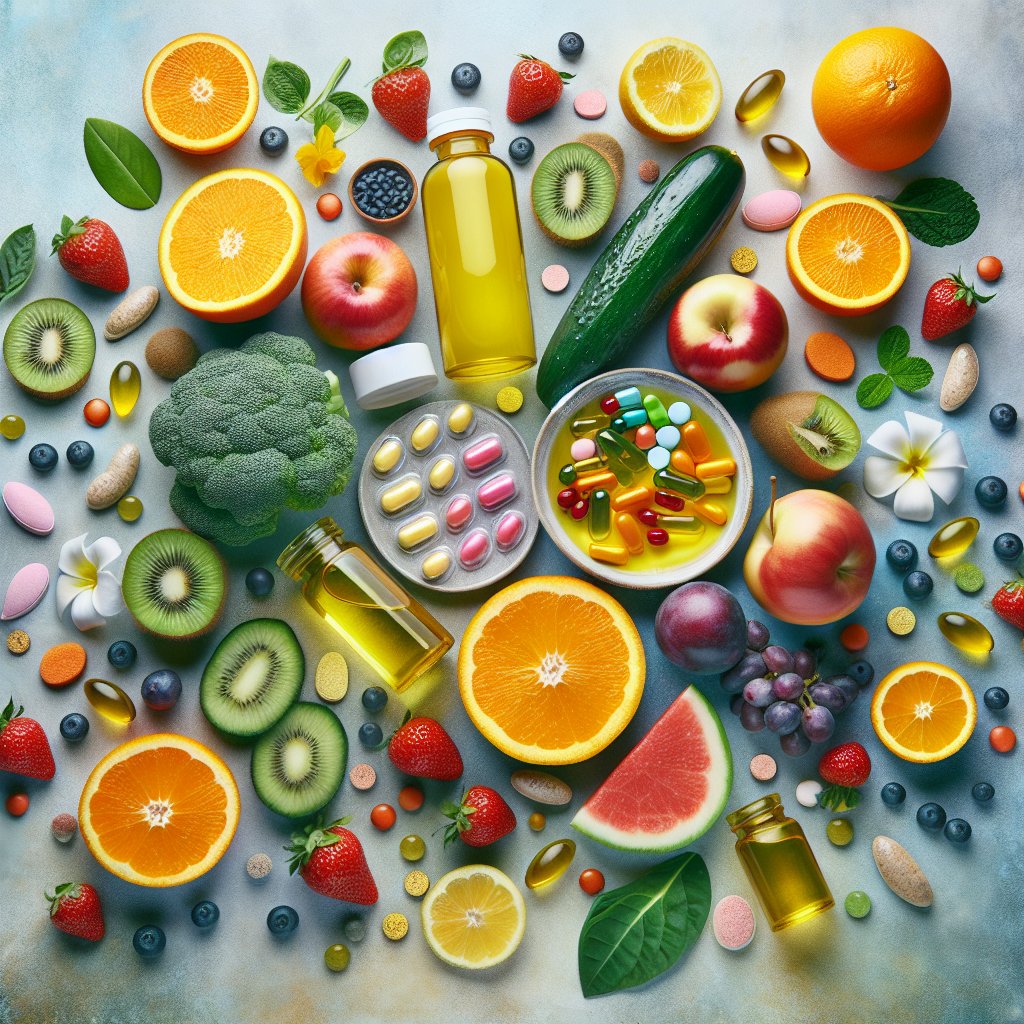 Assortment of colorful fruits, vegetables, and vitamin C capsules, symbolizing vitality and wellness, with skincare elements in the background.