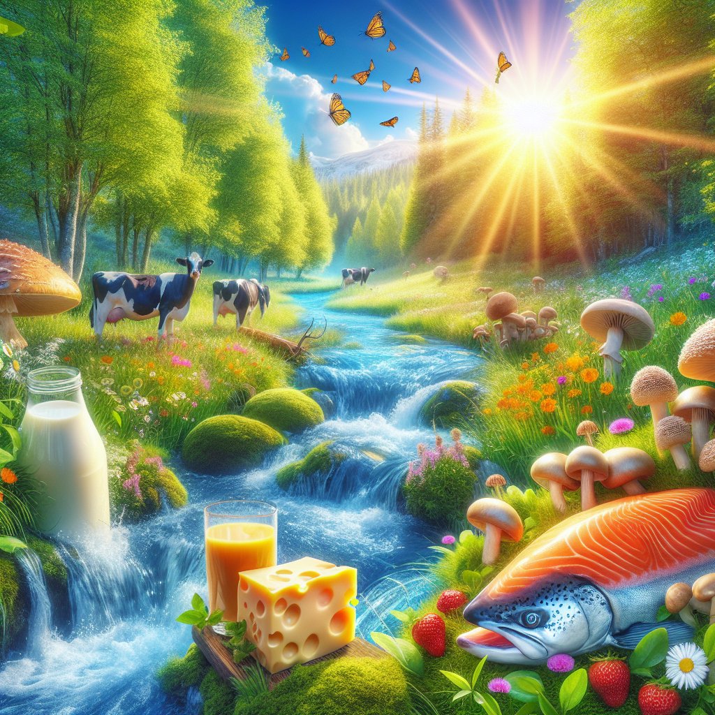 Sunlit landscape showcasing vitamin D-rich foods such as salmon, mushrooms, and fortified dairy products exuding vitality and wellness.