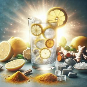 Refreshing and vibrant glass of Vitamin D, Magnesium, and Turmeric Lemonade surrounded by fresh lemon slices, turmeric roots, and magnesium flakes.