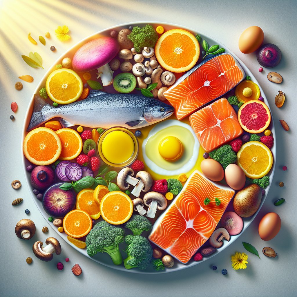 Colorful plate of Vitamin D-rich foods including salmon, egg yolks, fortified orange juice, and mushrooms, with sunlight representing natural synthesis of Vitamin D
