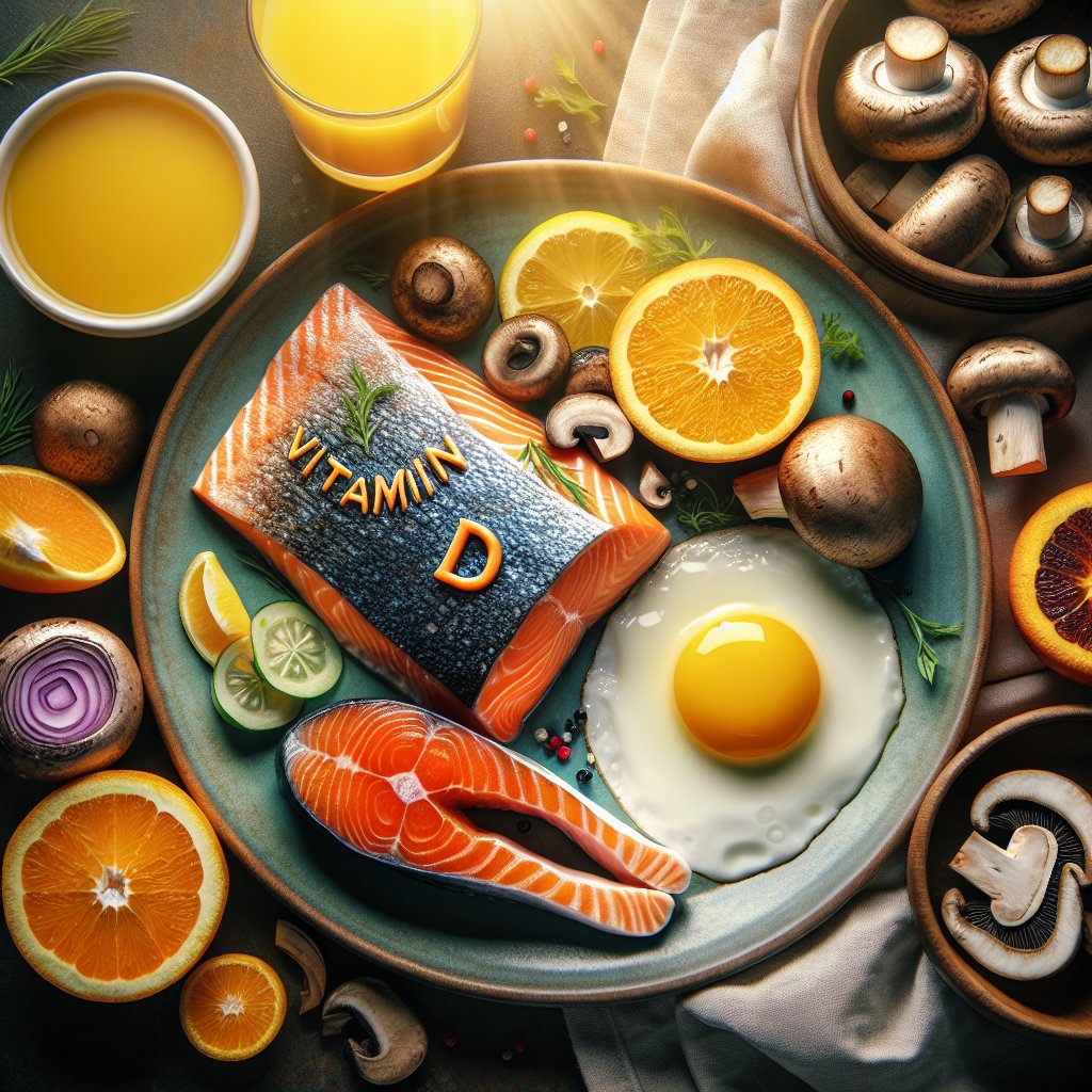 An artfully arranged plate filled with grilled salmon, portobello mushrooms, fortified orange juice, and sunny-side-up eggs, showcasing their natural colors and textures.
