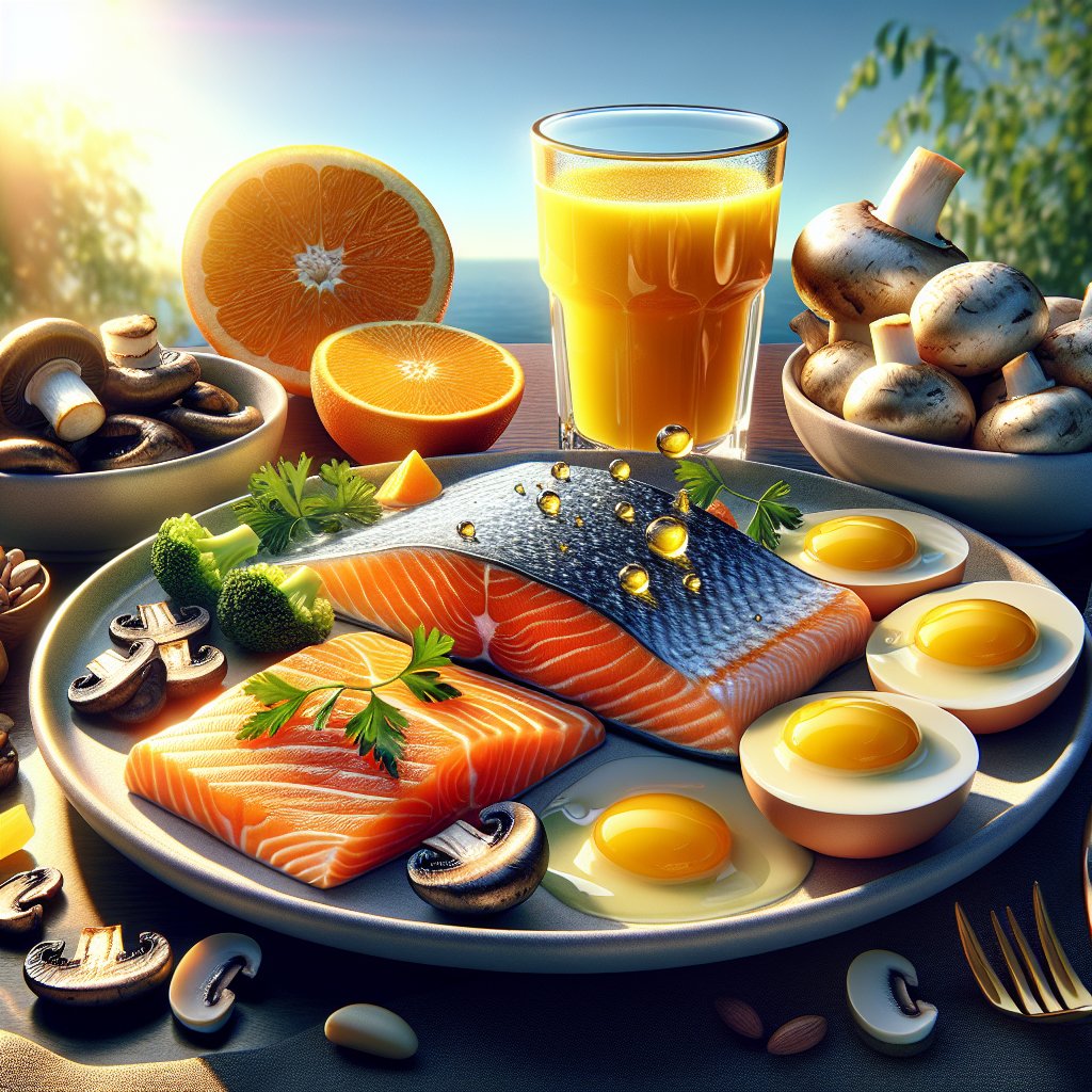Colorful plate of grilled salmon, fortified orange juice, sliced mushrooms, and egg yolks, basking in natural sunlight, promoting Vitamin D-rich foods for a healthy diet.