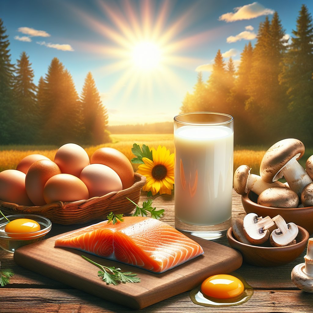 Assorted vitamin D-rich foods including salmon, egg yolks, mushrooms, and fortified milk on a sunny day