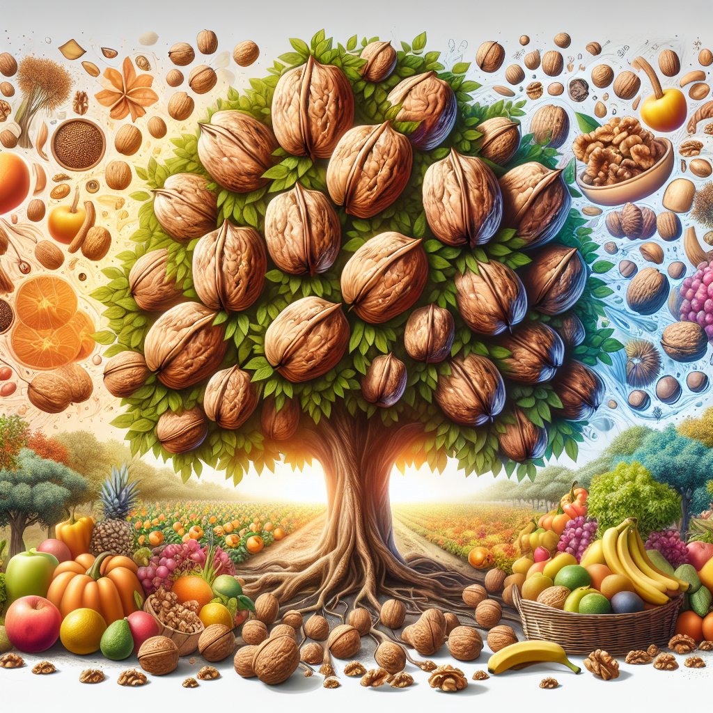 Ripe walnuts surrounded by fruits and vegetables depicting bountiful nutritional value
