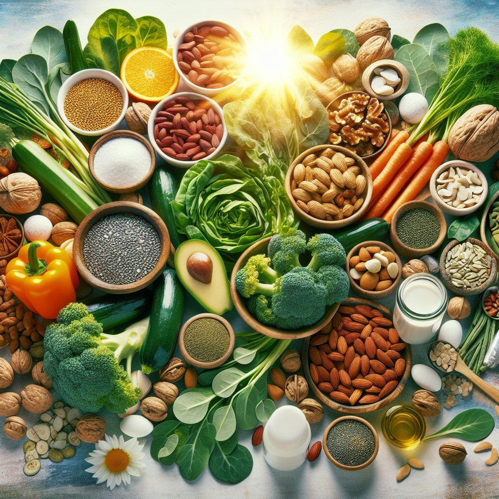 Assortment of leafy greens, nuts, seeds, and fortified foods bathed in gentle sunlight, symbolizing vitality and well-being.