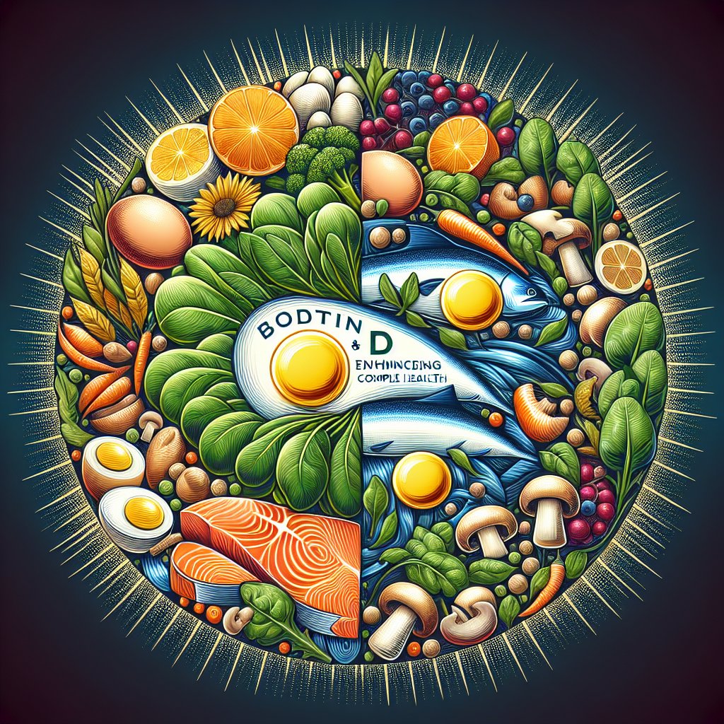Vibrant composition of eggs, salmon, spinach, and mushrooms rich in Biotin and Vitamin D, promoting holistic wellness.