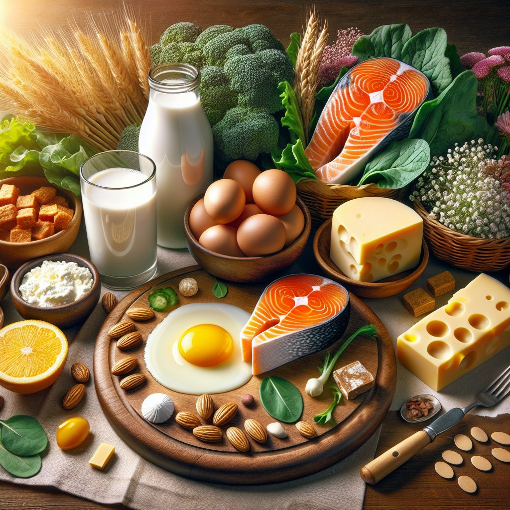 Vibrant plate featuring Vitamin D3-rich foods like salmon, eggs, and fortified dairy, complemented by Vitamin K2 sources such as fermented cheese, natto, and leafy greens