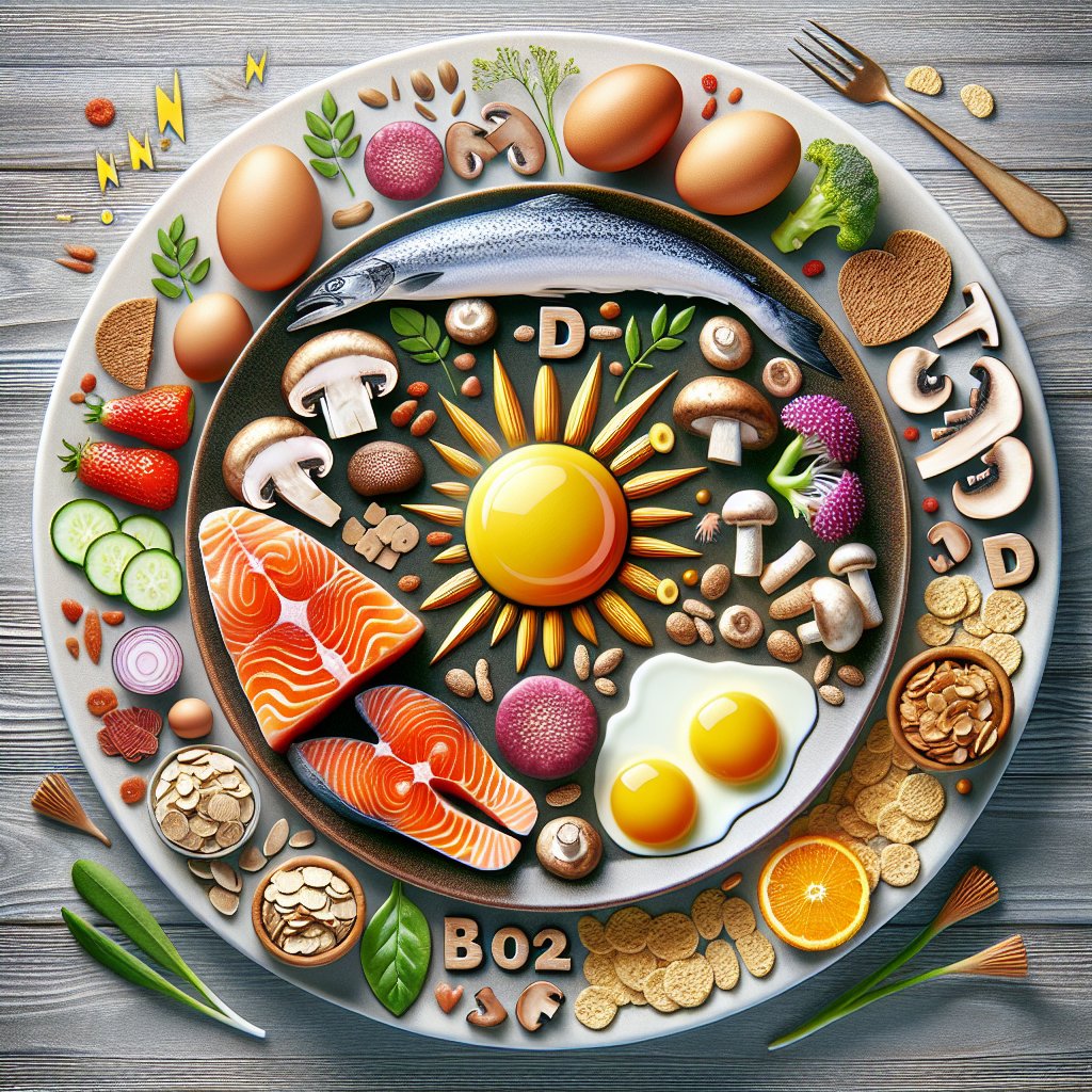 A vibrant and colorful plate showcasing a variety of nutrient-rich foods rich in Vitamin D and B12, including salmon, eggs, mushrooms, and fortified cereals, artfully arranged to convey a sense of balance and harmony.