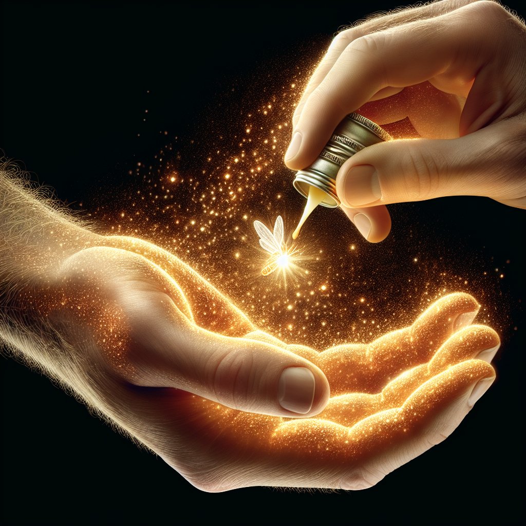 Glowing golden ointment being delicately applied to a hand wound, emitting a healing aura