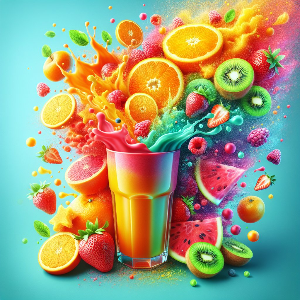 Vibrant and colorful fruit smoothie overflowing from a glass, featuring oranges, strawberries, and kiwi, symbolizing freshness, health, and detoxification.
