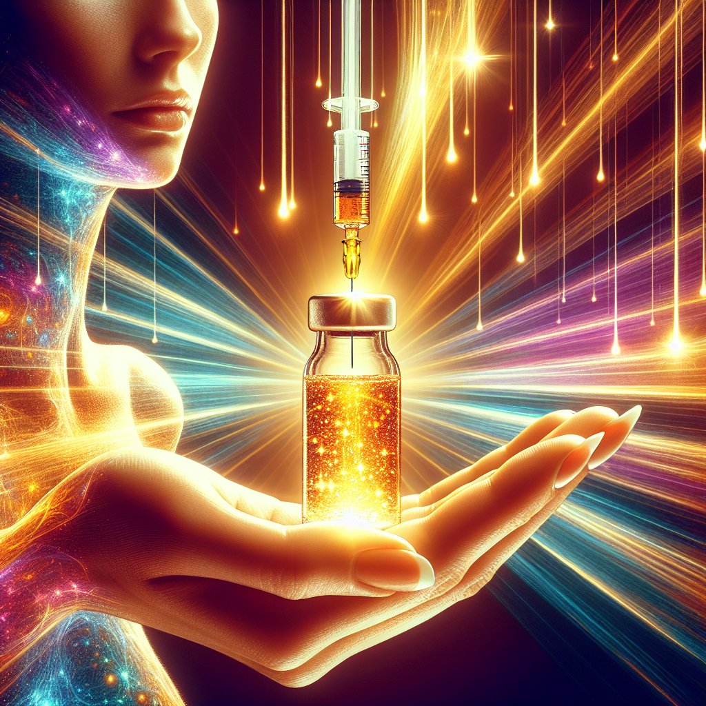 Hand holding a small vial or syringe filled with golden liquid vitamin C, with rays of sunlight in the background.
