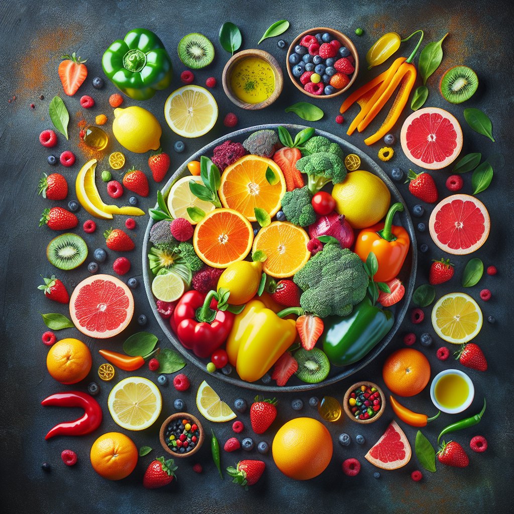 An elegant arrangement of colorful citrus fruits, bell peppers, strawberries, and broccoli, showcasing the vibrant and enticing plate filled with Vitamin C-rich foods.