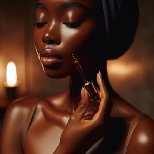 A person's hand delicately applying Vitamin C serum onto their face, showcasing precise and mindful application in a luxurious skincare setting.