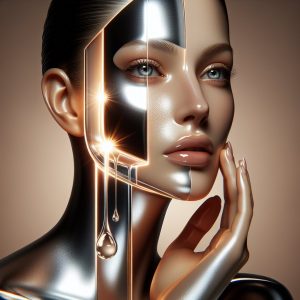 Luxurious Vitamin C serum by Geek and Gorgeous showcased with sleek and modern packaging, radiating a vibrant, glowing, and youthful skin with a subtle sheen.