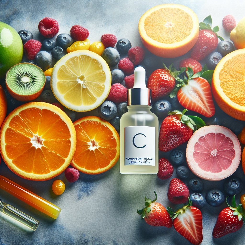Assortment of vitamin C-rich fruits and a dermatologist-approved serum bottle for acne-prone skin