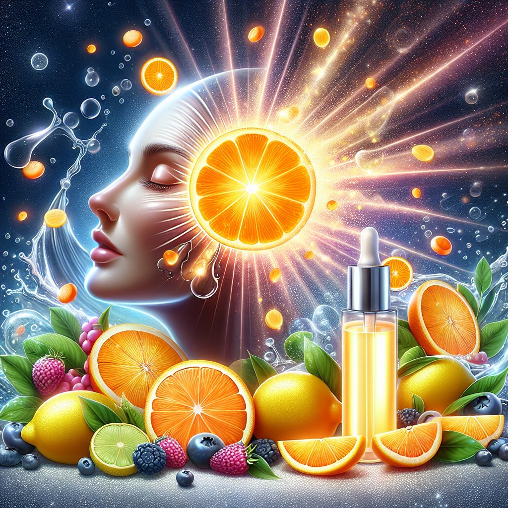 Illustration of vibrant skin being nourished by vitamin C-infused skincare products and fresh fruits rich in vitamin C