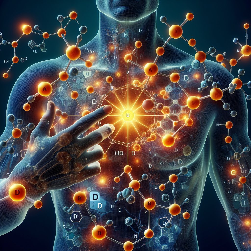 Artistic representation of Vitamin D and B12 molecules interacting at a cellular level.