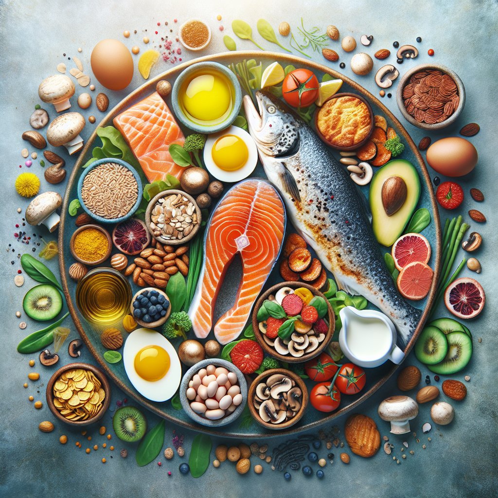 Assortment of Vitamin D and B12-rich foods beautifully arranged on a vibrant plate