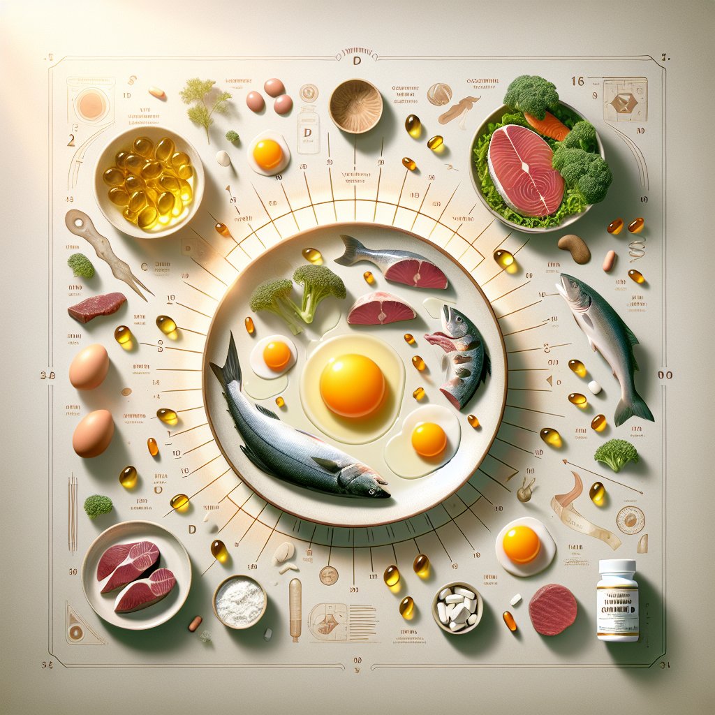 Bountiful plate featuring vitamin D-rich carnivorous foods and supplements under warm sunlight