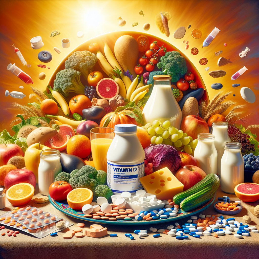 Assorted fruits, vegetables, dairy products, and supplements arranged on a colorful plate, showcasing the synergy between natural sources of Vitamin D and fibroid treatment options.