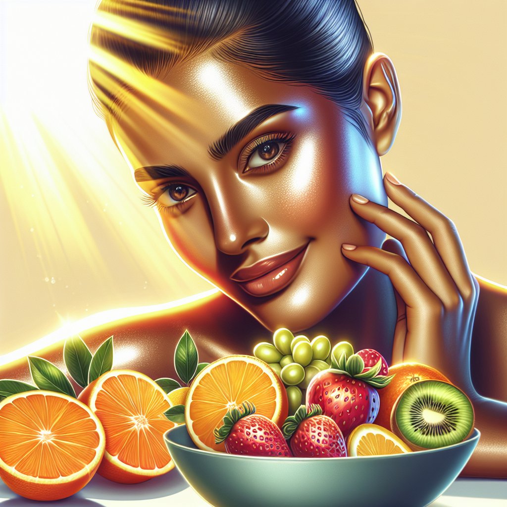 Radiant woman with smooth, glowing skin enjoying a bowl of vitamin D-rich fruits, representing the science linking Vitamin D to skin rejuvenation and vitality.