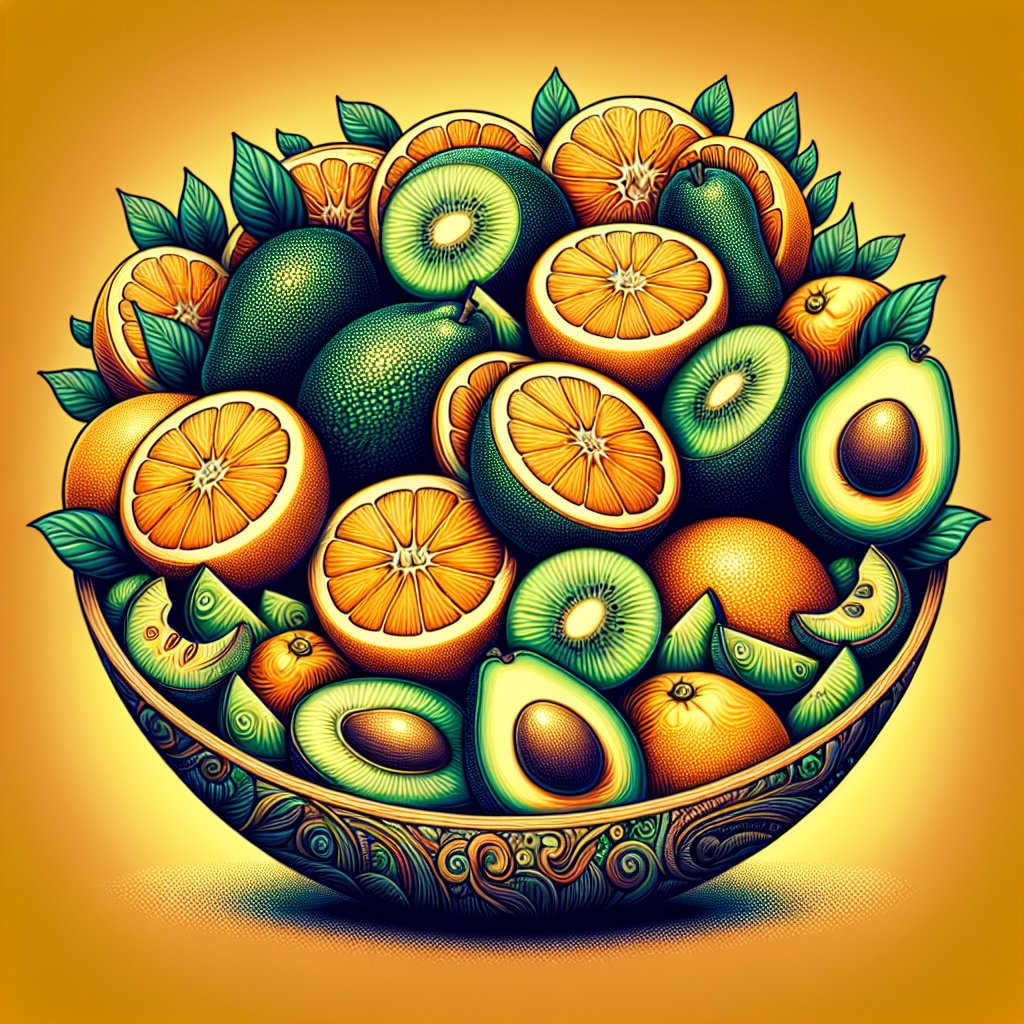 Vibrant fruit bowl with oranges, kiwi, and avocados, radiating health and abundance