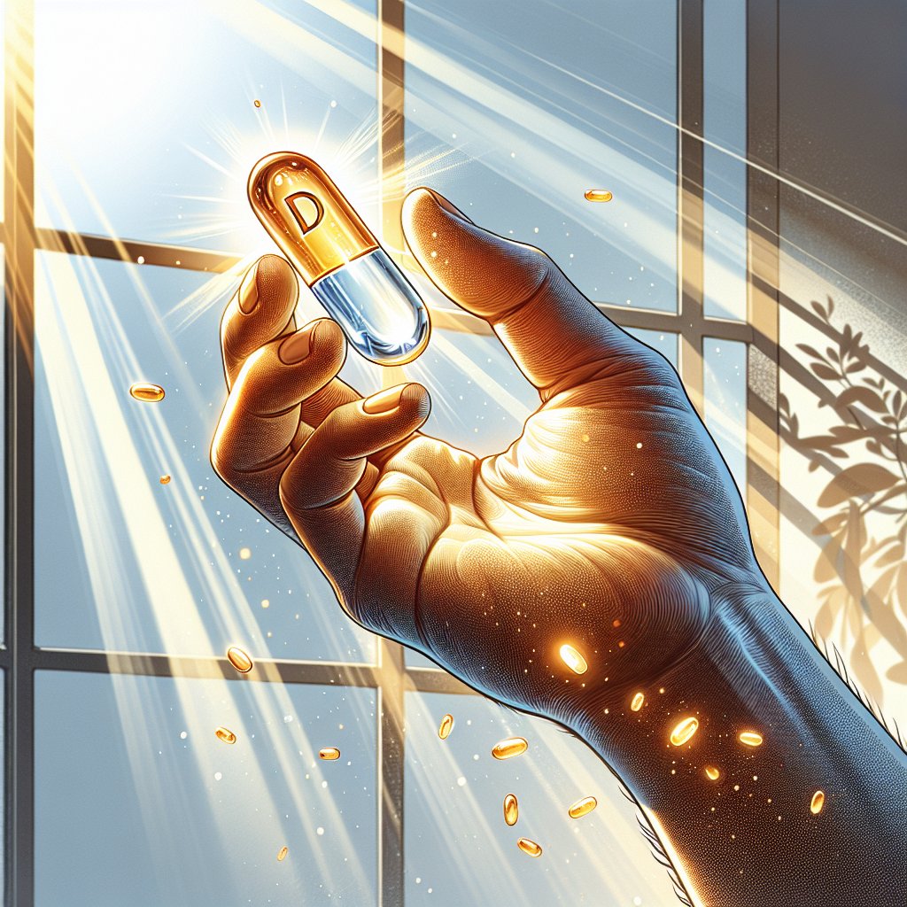 Hand releasing a Vitamin D gel capsule with translucent glow, natural sunlight streaming through a window in the background