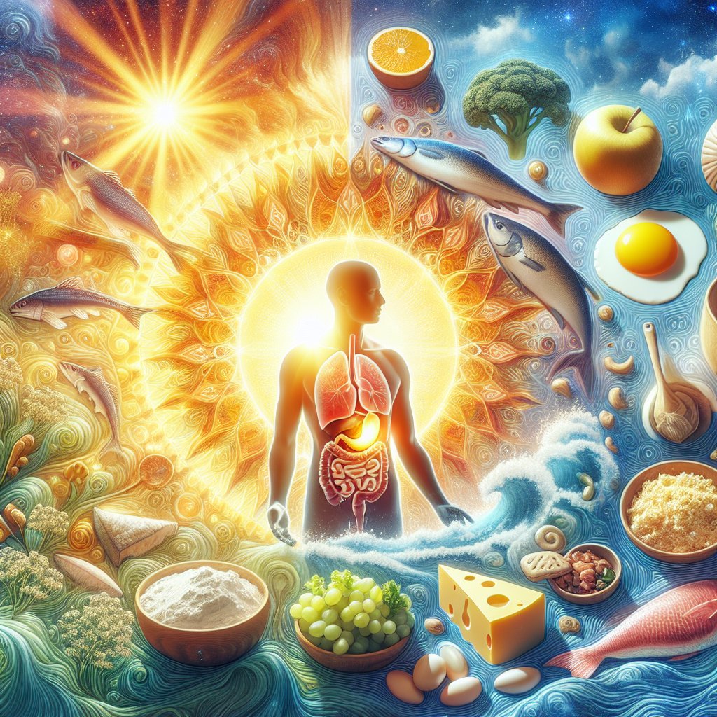 Soothing scene depicts sunlight, vitamin D-rich foods, and digestive comfort.