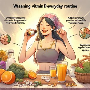 A person joyfully adding Jamieson's Vitamin D supplements to a vibrant green smoothie.