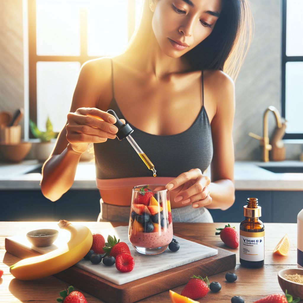 Person adding Vitamin D liquid drops to a vibrant morning smoothie for optimal health benefits