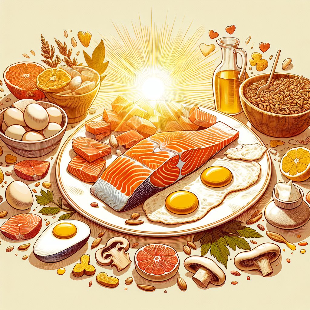 A plate featuring grilled salmon, sunny-side-up eggs, fortified cereals, and mushrooms, symbolizing the nourishing power of Vitamin D for joint pain relief and overall well-being.