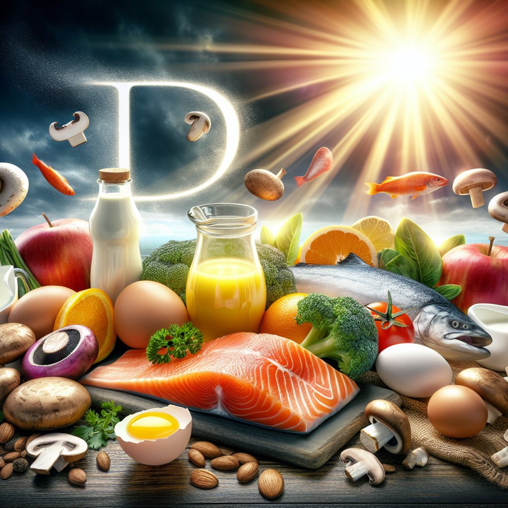 A vibrant and inviting food spread featuring salmon, eggs, mushrooms, and fortified dairy products arranged on a table with rays of sunlight symbolizing the natural production of Vitamin D in the body.