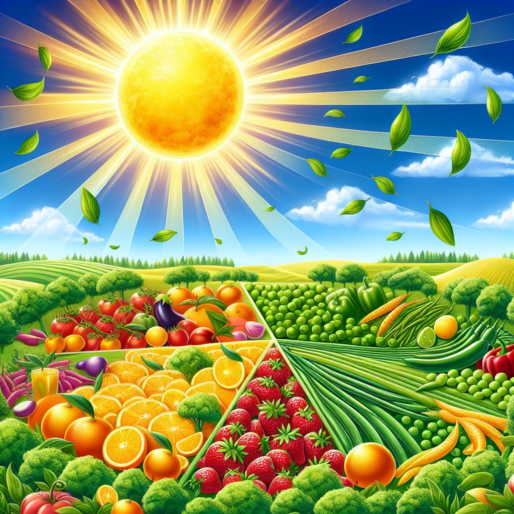 Vibrant sun shining over a field of colorful fruits and vegetables, symbolizing the diverse sources of Vitamin D3