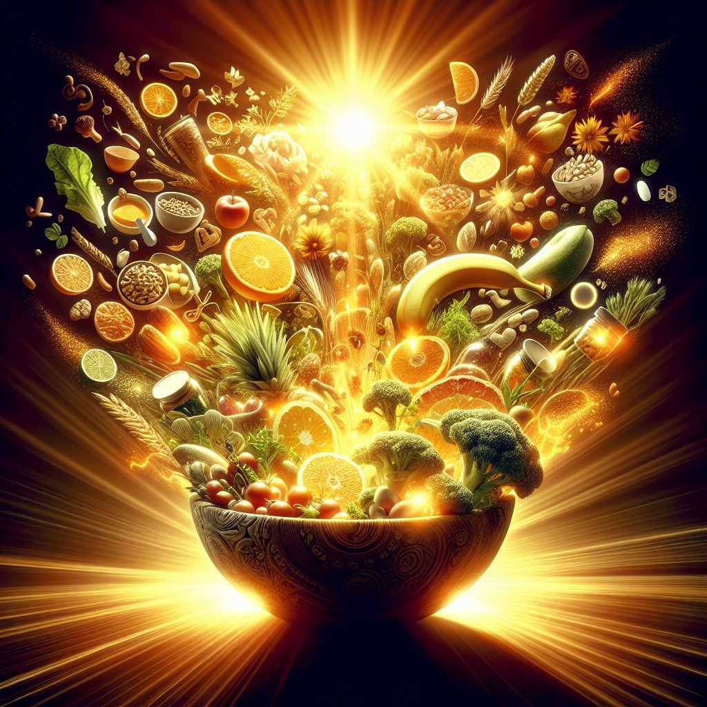 Vibrant bowl filled with Vitamin D-rich foods and supplements, basking in natural sunlight