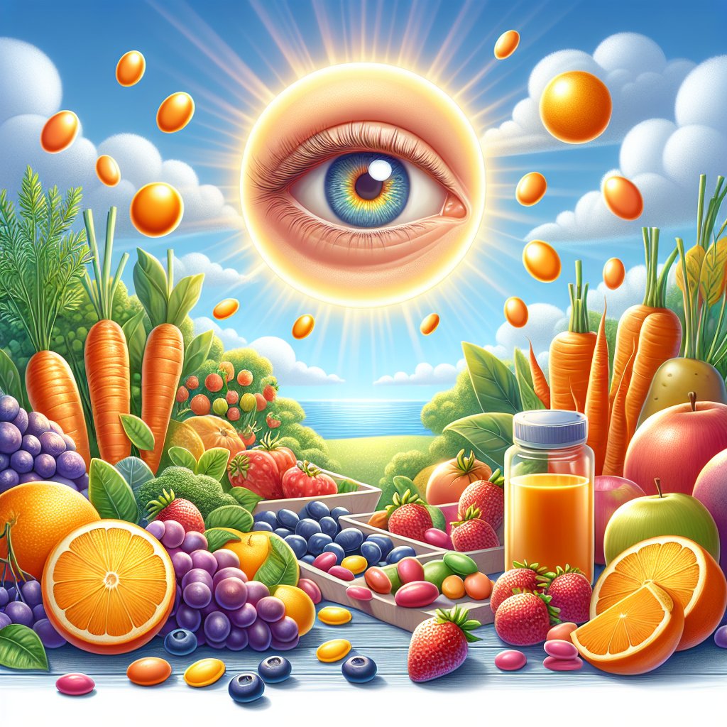 Illustration of vibrant outdoor scene featuring fruits, vegetables, and sunlight emphasizing the connection between Vitamin D and eye health.