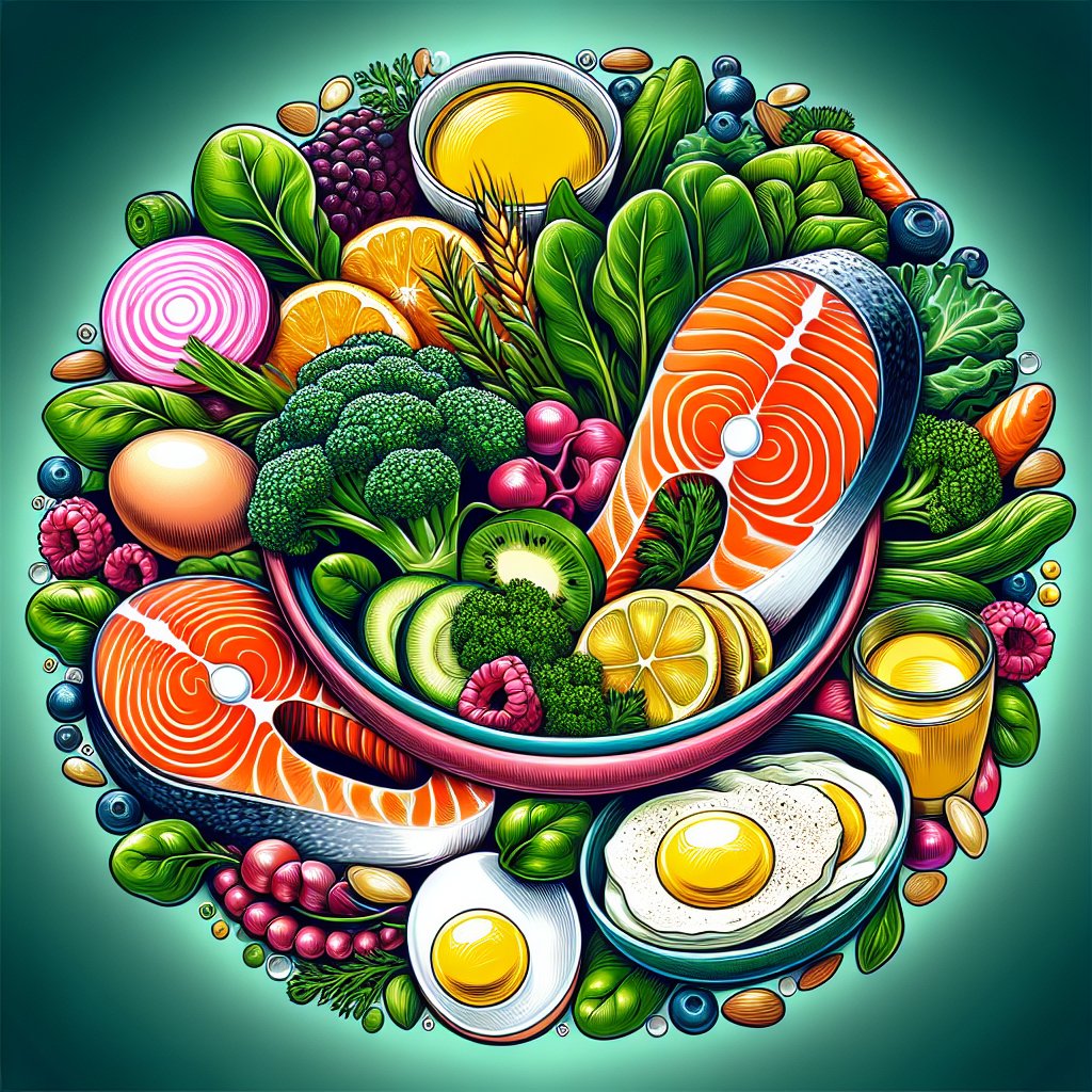 Colorful plate of food featuring salmon, spinach, kale, eggs, and fortified dairy products promoting Vitamin D and eye-healthy nutrients.
