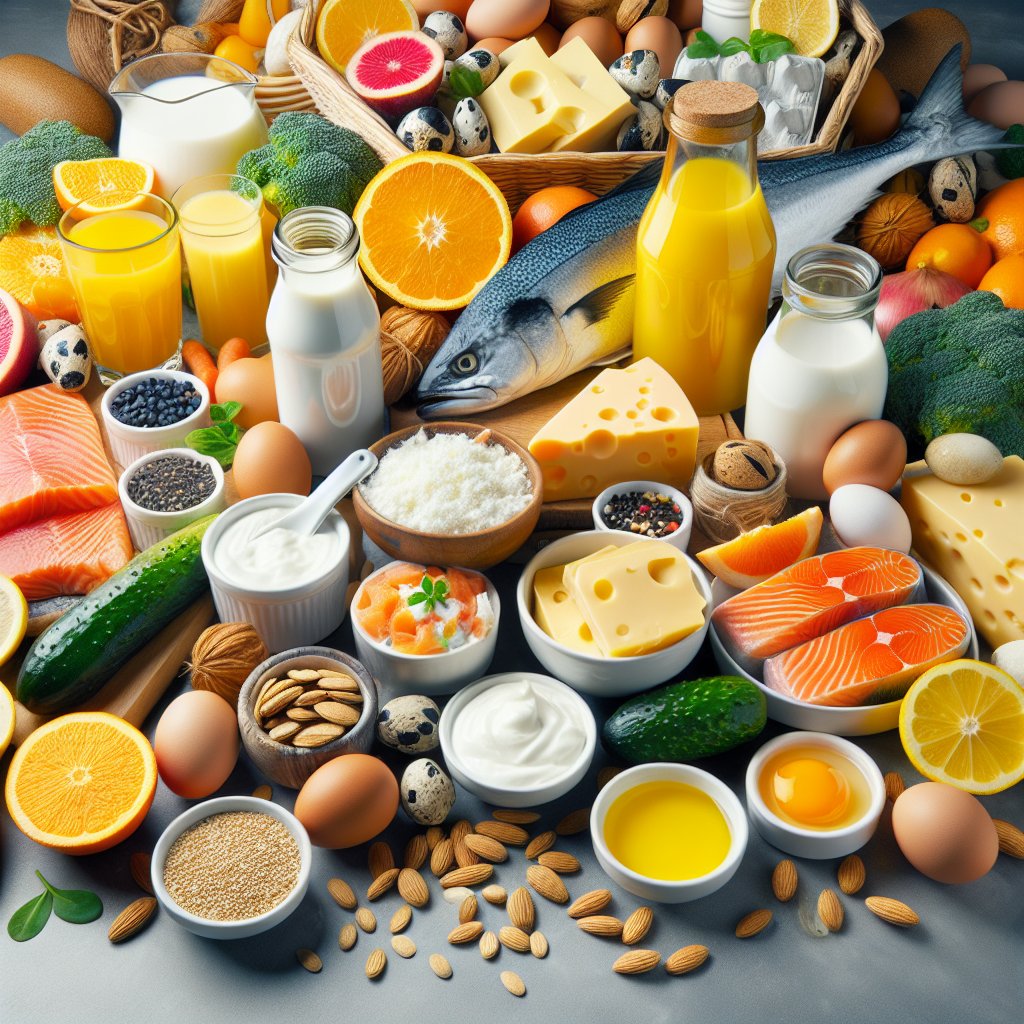 Colorful array of ingredients rich in Vitamin D including fatty fish, dairy products, egg yolks, and fortified foods.