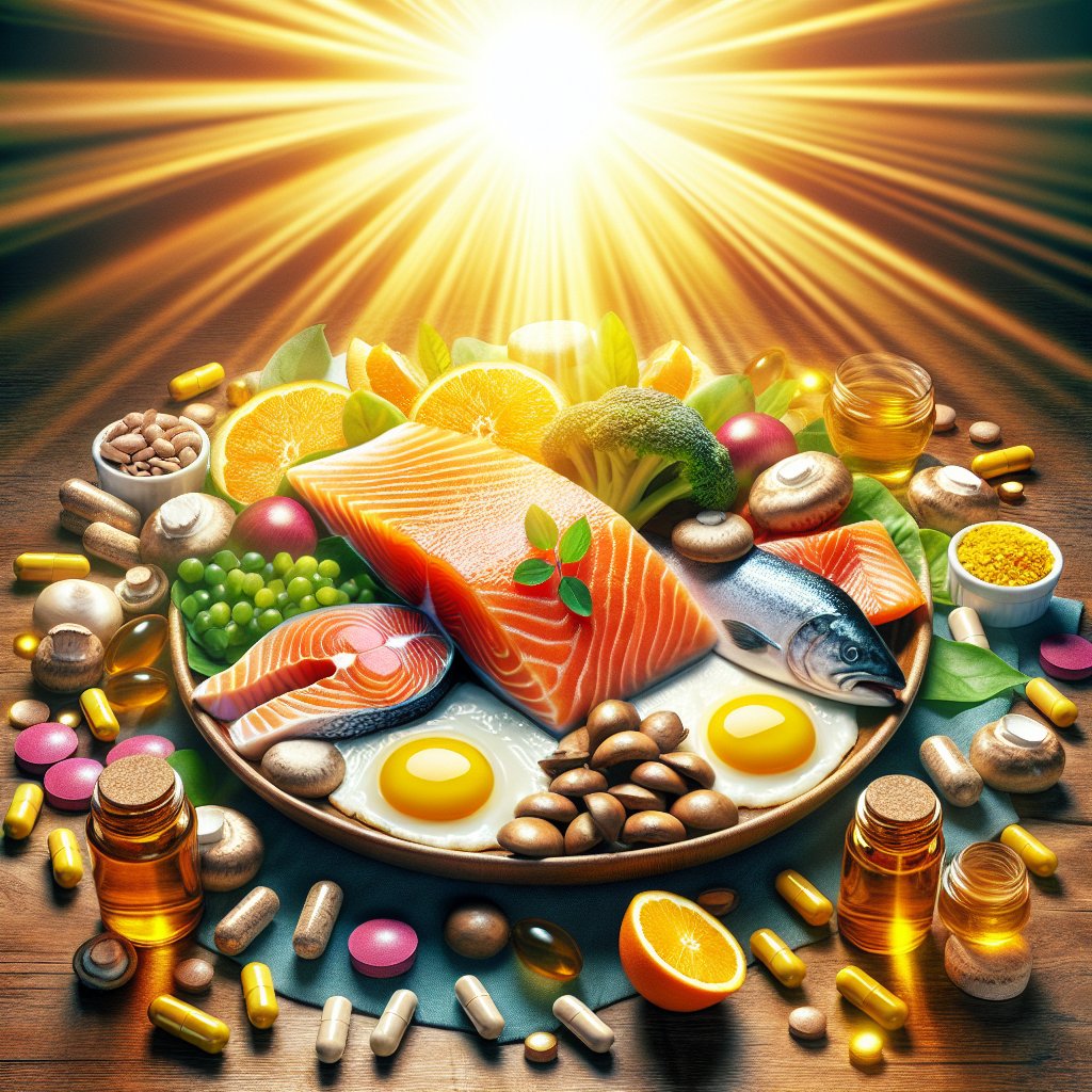 Plate filled with salmon, eggs, and mushrooms, surrounded by supplements, in sunlight