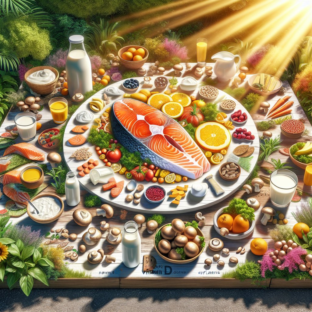 Vibrant garden scene with salmon, dairy products, mushrooms, and Healthspan vitamin D3 supplements promoting vitality and wellness.