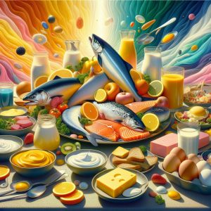 Vibrant plate of food rich in vitamin D, featuring salmon, mackerel, egg yolks, and fortified dairy products