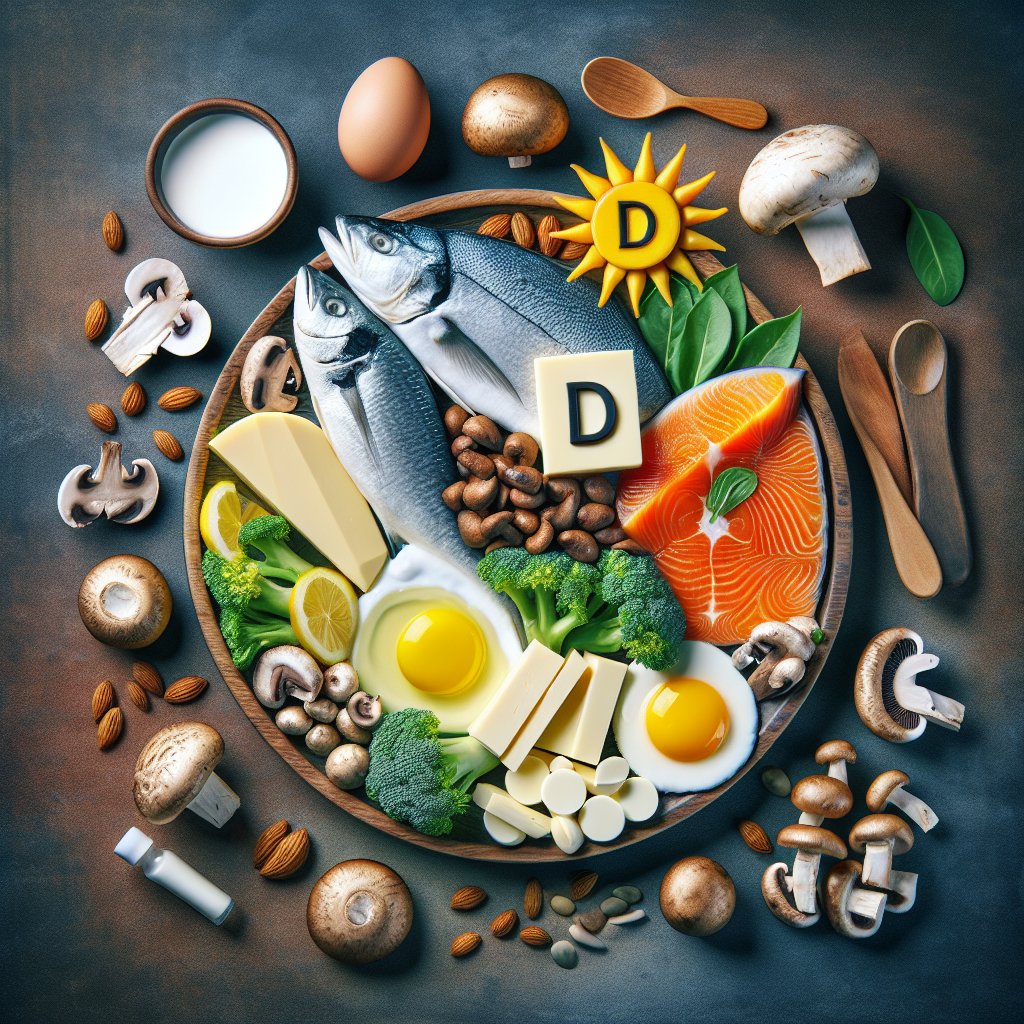 Vibrant plate loaded with fatty fish, eggs, fortified dairy, and sun-soaked mushrooms symbolizing Vitamin D abundance