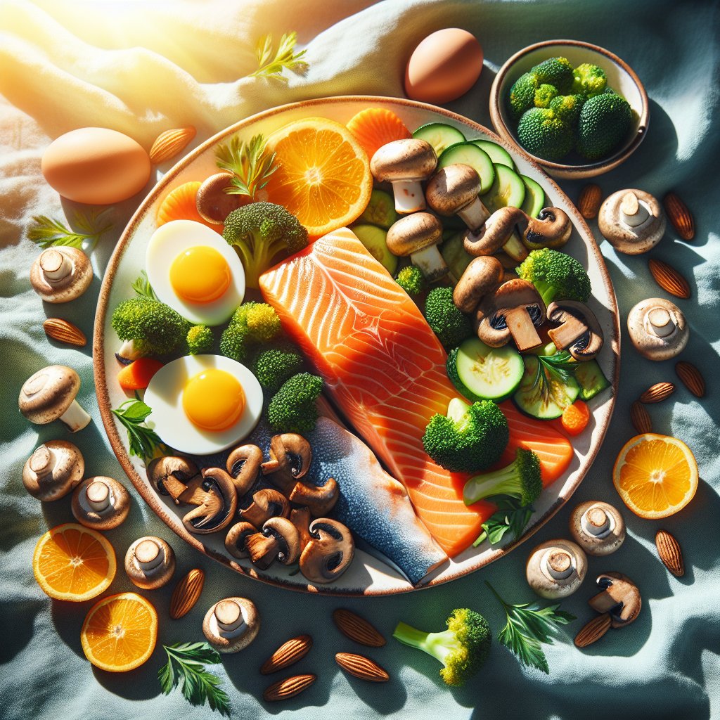 A vibrant plate filled with salmon, eggs, and mushrooms, bathed in sunlight, representing thriving health and vitality.