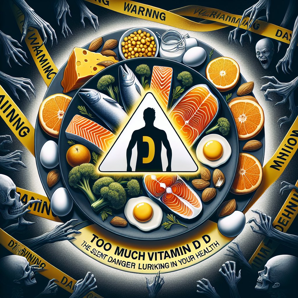 Assortment of vitamin D-rich foods on a plate surrounded by warning signs and caution tape, symbolizing the hidden danger of excessive vitamin D intake.