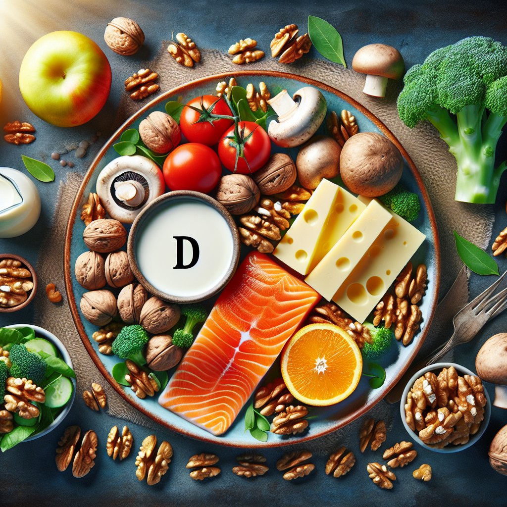 Assorted vitamin D rich foods including walnuts, salmon, fortified dairy products, and mushrooms on a plate, highlighting the nutritional value of walnuts as a source of vitamin D.
